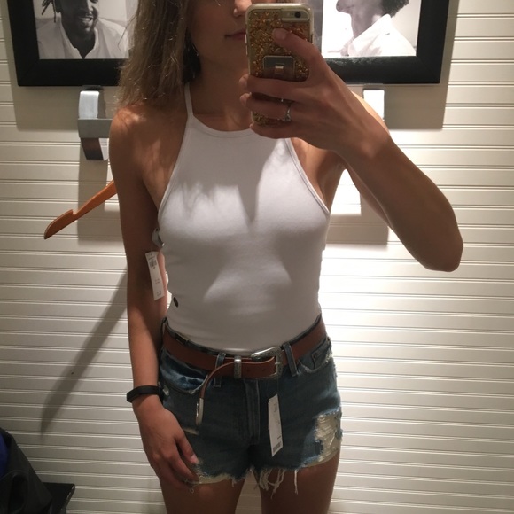 Abercrombie & Fitch Tops - White high neck tie back ribbed bodysuit